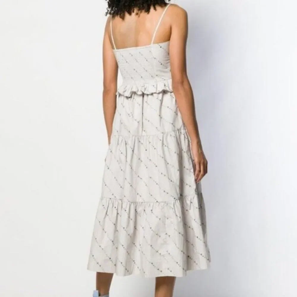 Ganni Gray Floral Print Ruffle Poplin Tiered A-line‎ Pocket Midi Sundress L